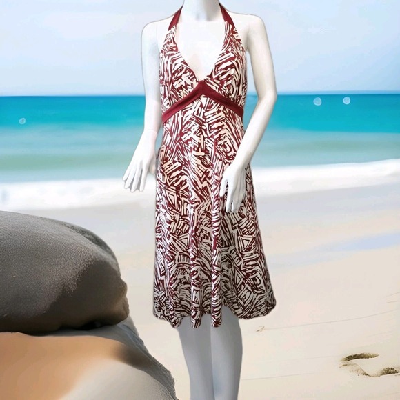 BCBG Max Azria Halter Midi Dress Large Red White Abstract Print Built-In Bra USA - Picture 1 of 11